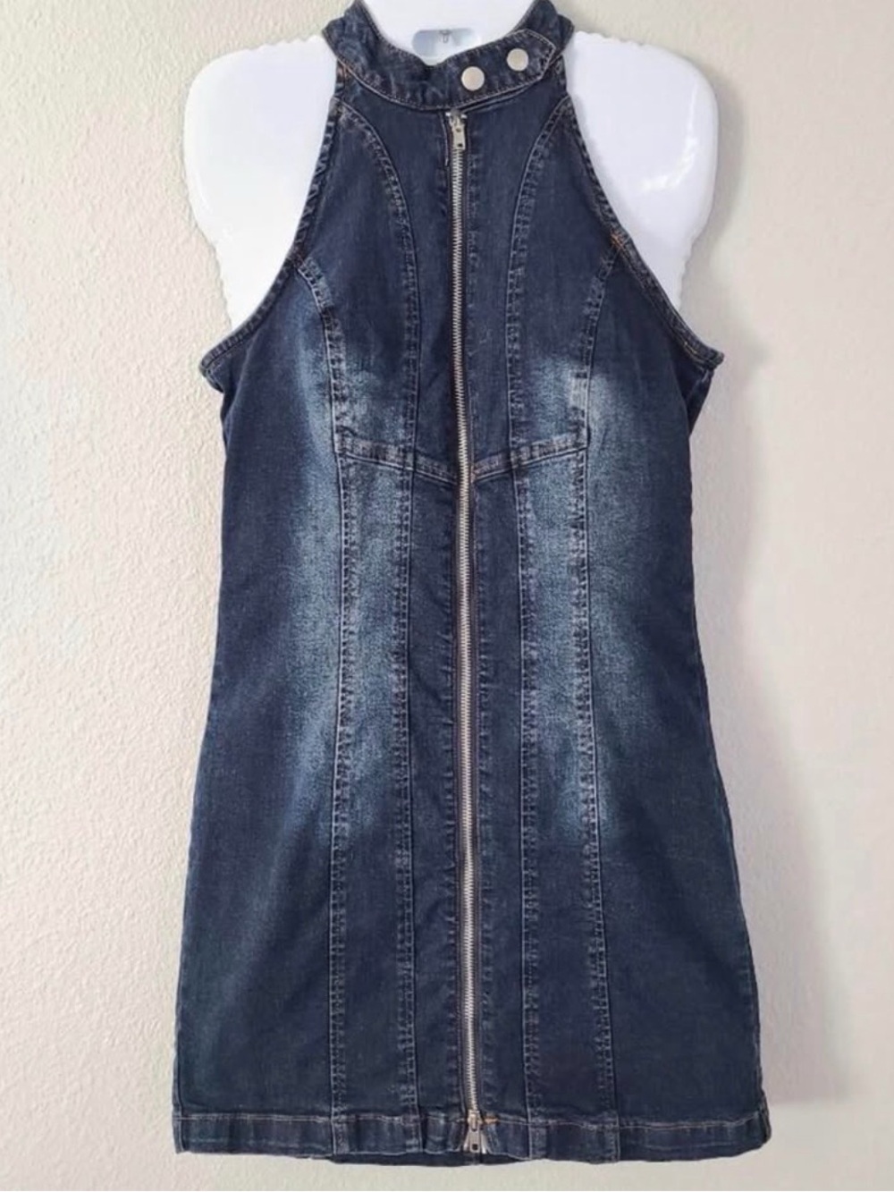 Forever 21 Dark Wash Denim Zip-Front Halter Dress